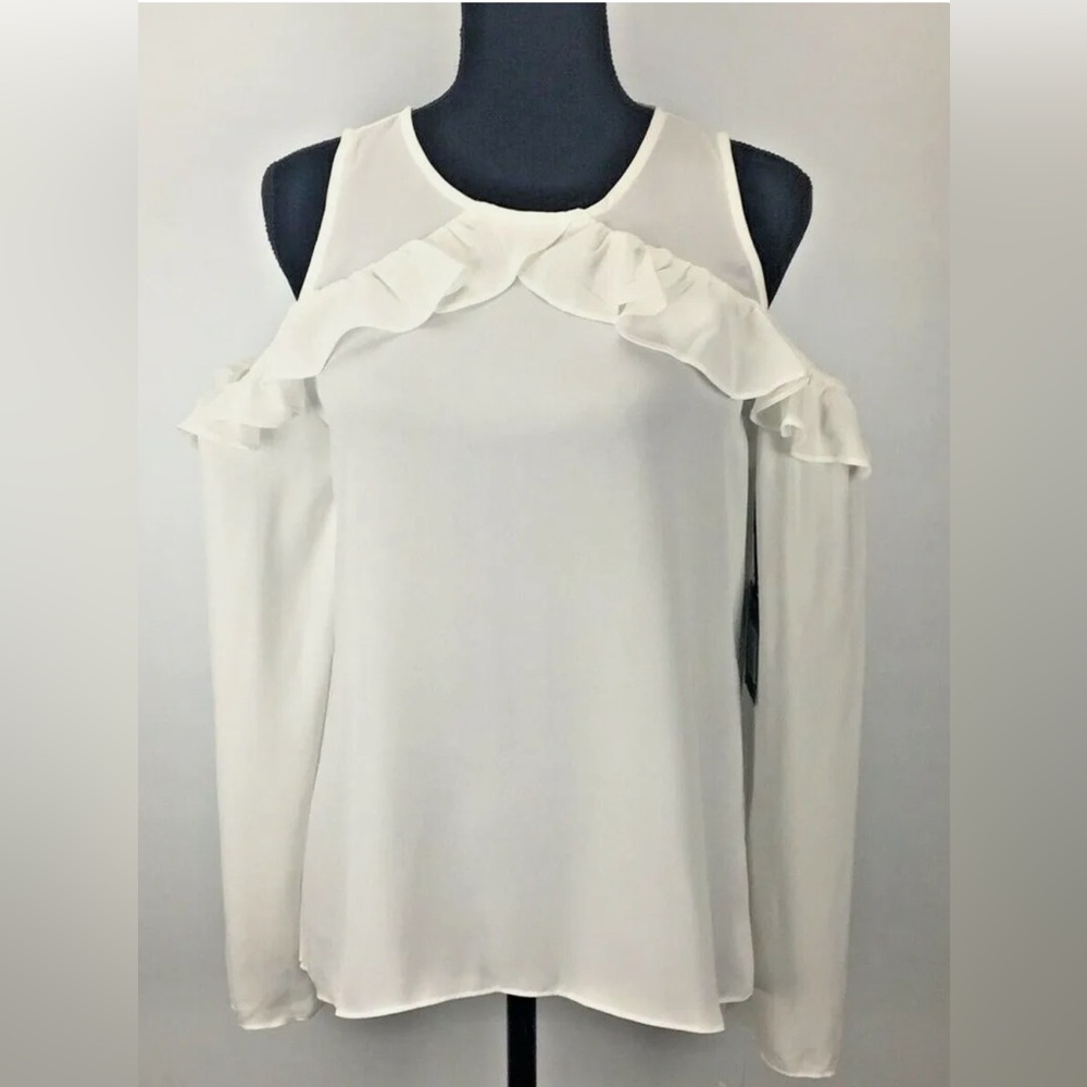 Trouve Womens Top - Large, Long Sleeve Ruffle Cold Shoulder Scoop Neck White